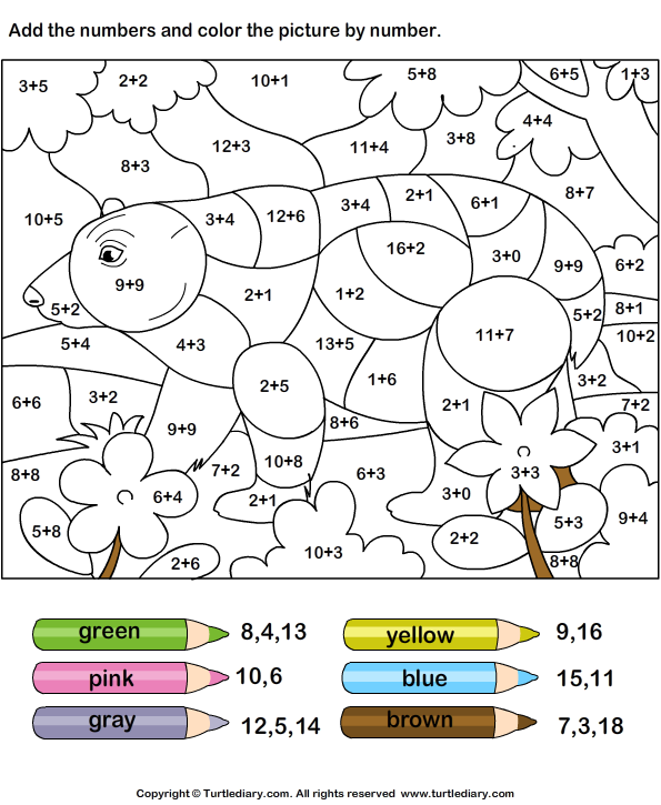Find Sum and Color Picture Using Color Key Worksheet - Turtle Diary