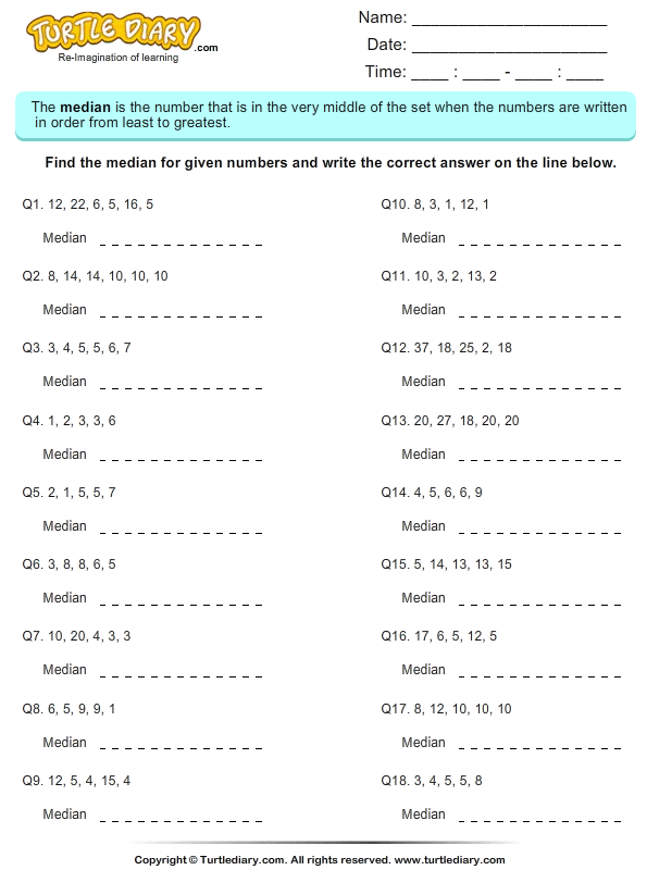 Find the median of the numbers worksheet turtle diary