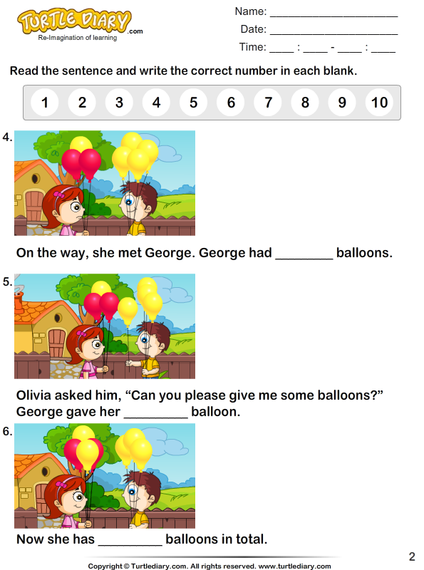 preschool number for 0 worksheet Turtle Number  of Balloons Worksheet Find Total  the Diary