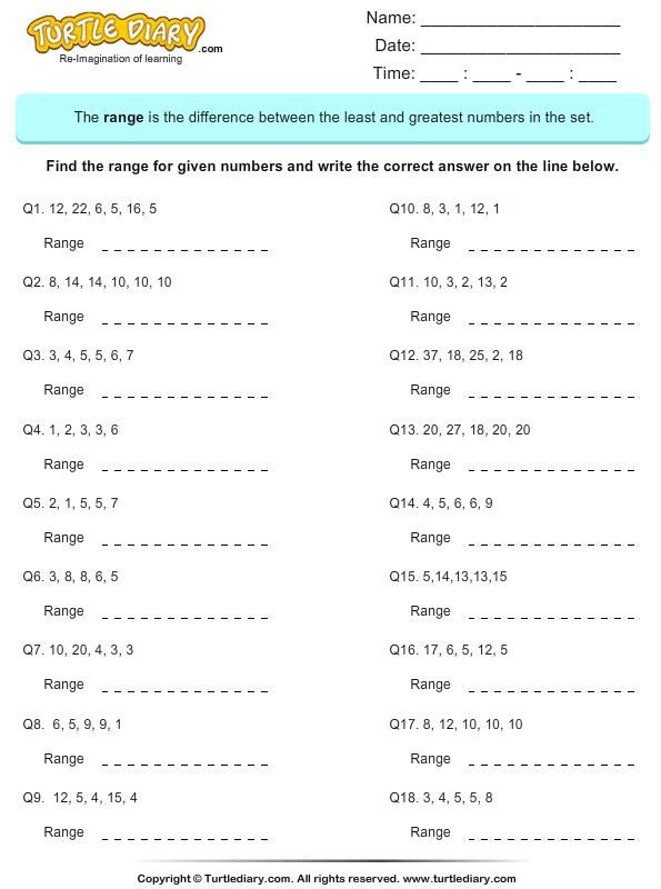 Finding the Range of Set of Numbers Worksheet Turtle Diary