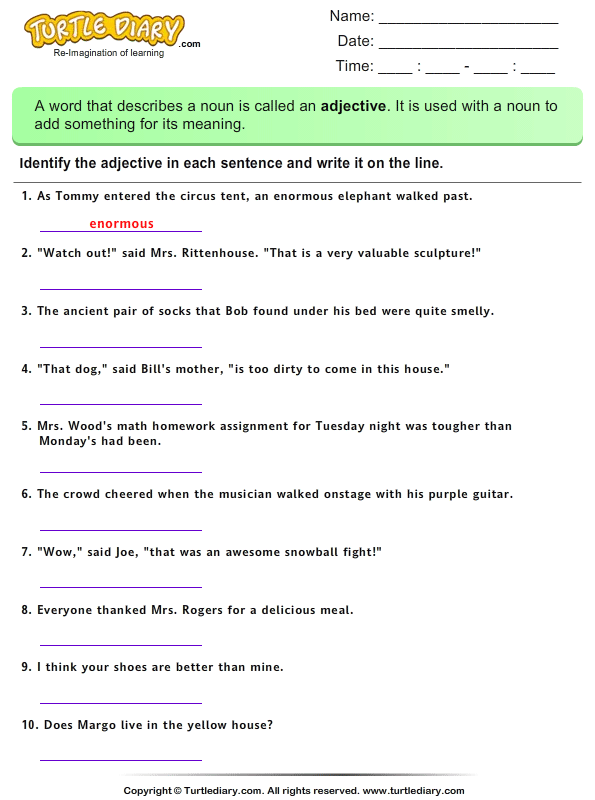 test for worksheets 4 grade math a Identify   Turtle Diary Sentence Adjectives in Worksheet