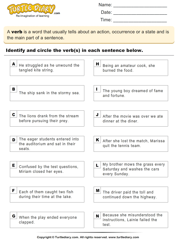grade action for 1 words worksheet in each Circle Sentence and Verbs Worksheet Identify