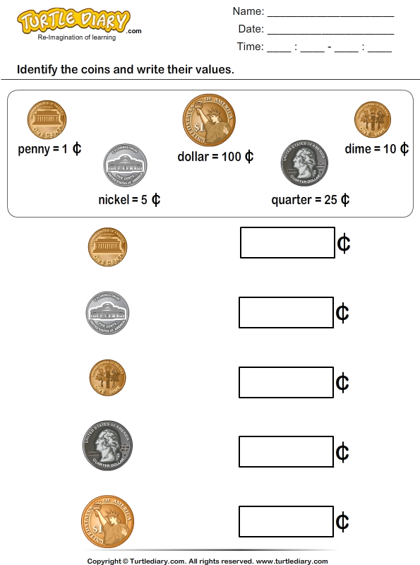 identify coins and write their values worksheet turtle diary