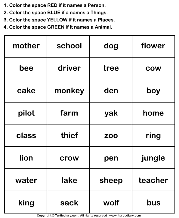 Identify Nouns And Color The Box Worksheet Turtle Diary