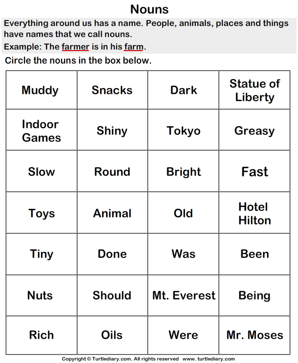 Identify Nouns from the Given Words Worksheet - Turtle Diary