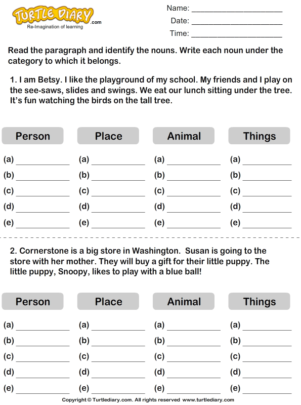 identify nouns from the paragraph betsy turtle diary worksheet