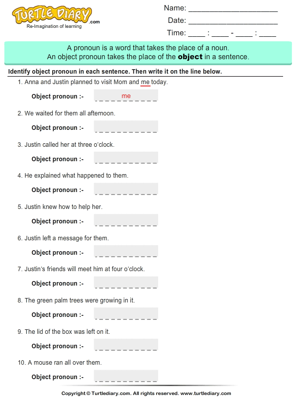 english worksheet 6 grade Sentence Identify  Turtle Object in  a Pronouns Worksheet