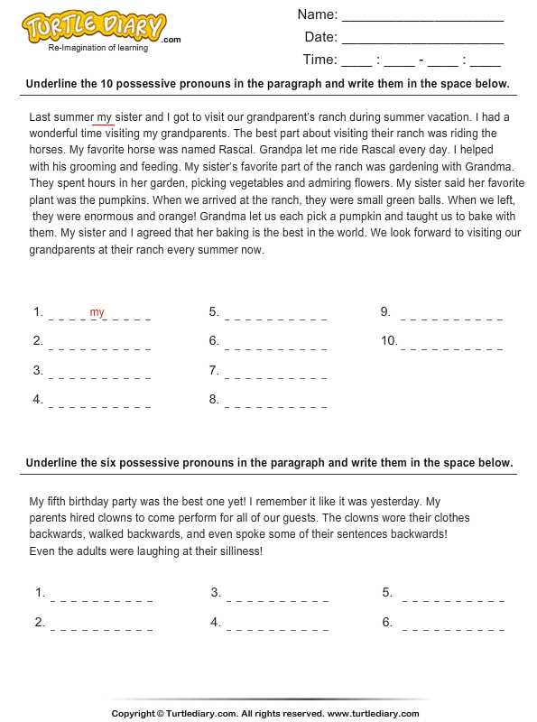 worksheets free for kindergarten noun Pronouns Possessive Worksheet Paragraph in a Identify