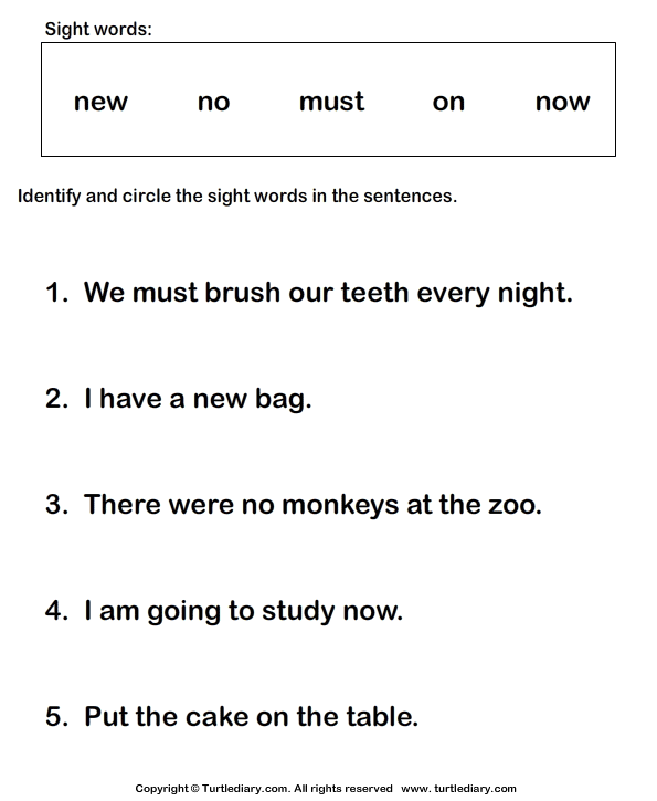 for worksheets grade homophones on free 1 Worksheet  Must On Identify Turtle Words New No Now Sight