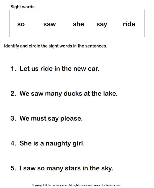 Identify Sight Words So Saw She Say Ride Worksheet - Turtle Diary