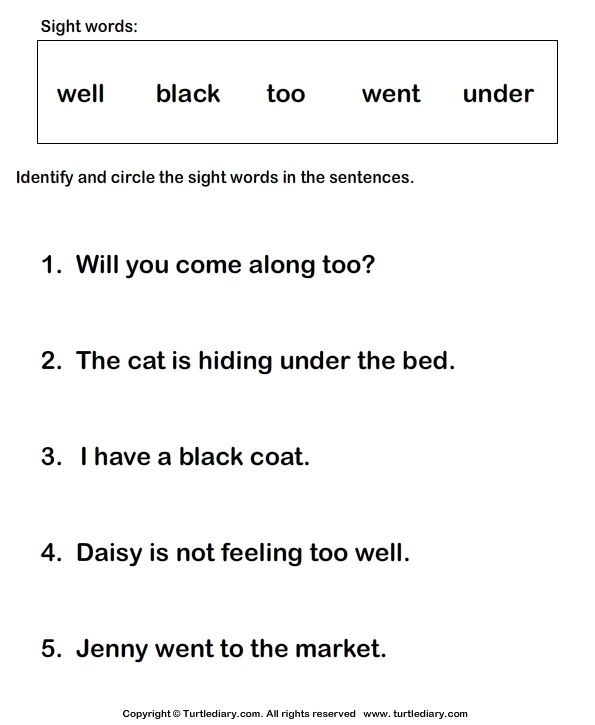 Identify Sight Words Well Black Too Went Under Turtle Diary Worksheet