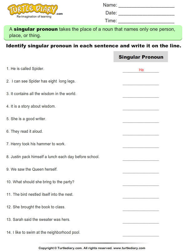 Identify Singular Pronouns in a Sentence Worksheet ...