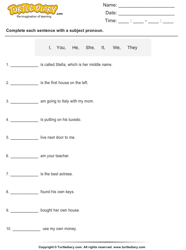 Identify Subject Pronoun for each Sentence Worksheet - Turtle Diary