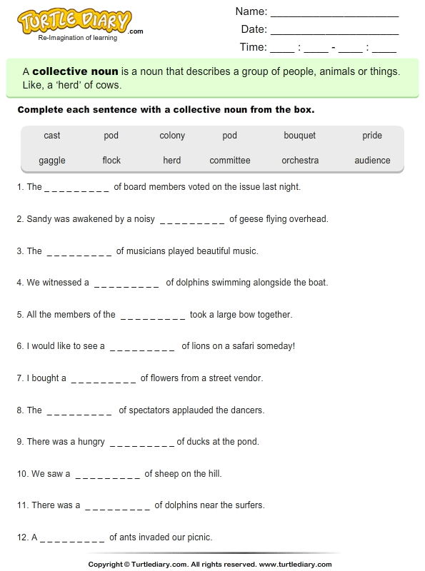 english exercise grammar primary 3 Each Sentence the Noun for Collective Worksheet Identify