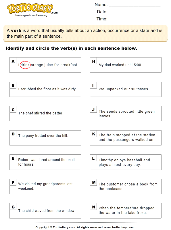 Verbs In A Sentence Worksheet