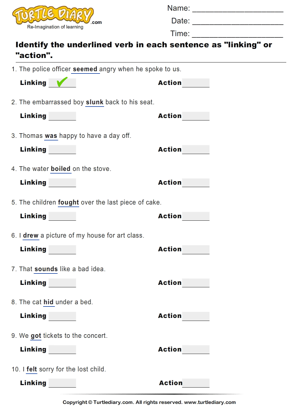 identify verbs in a sentence as action or linking