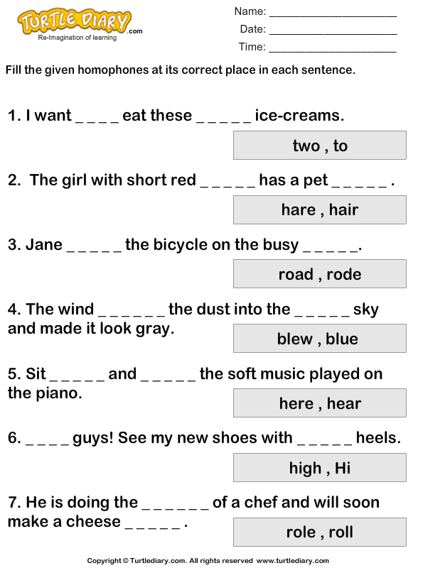 Identify Words that Sound Same for each Sentence Worksheet - Turtle Diary