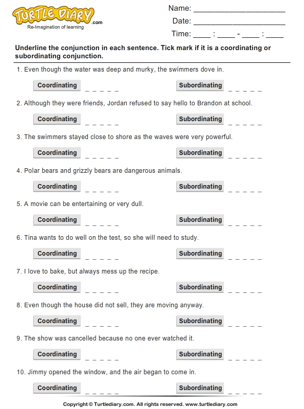 english for 5 grade cambridge Worksheet Turtle  Diary  Conjunctions Identifying