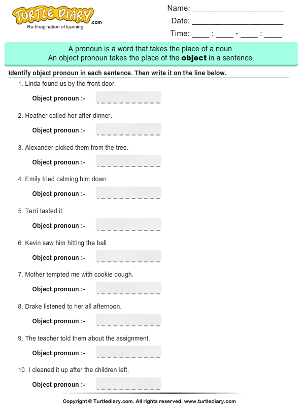 Identifying Object Pronouns In Sentences Worksheet Turtle Diary