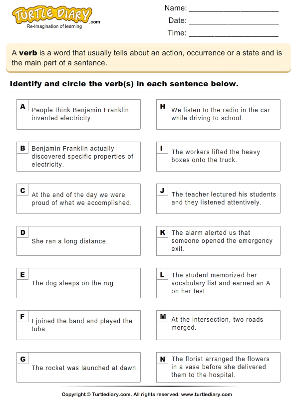 Identify The Verbs Worksheet With Answers