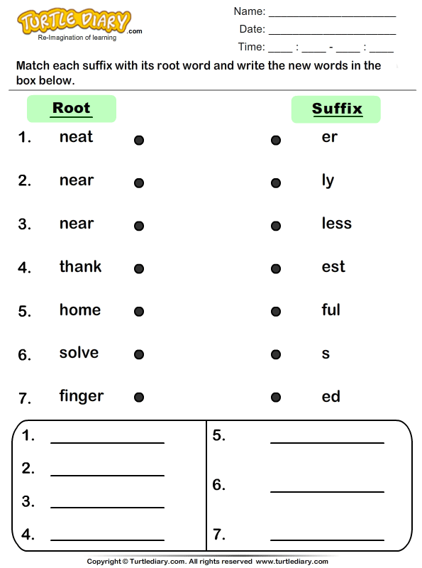 worksheet phonics matching Join Diary  Turtle Root Suffixes and Words Worksheet