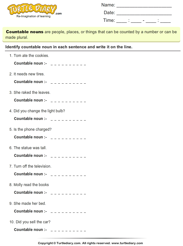 Learning Countable Nouns Worksheet - Turtle Diary
