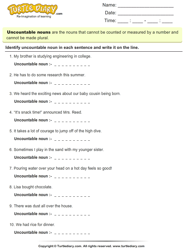 learning uncountable nouns turtle diary worksheet