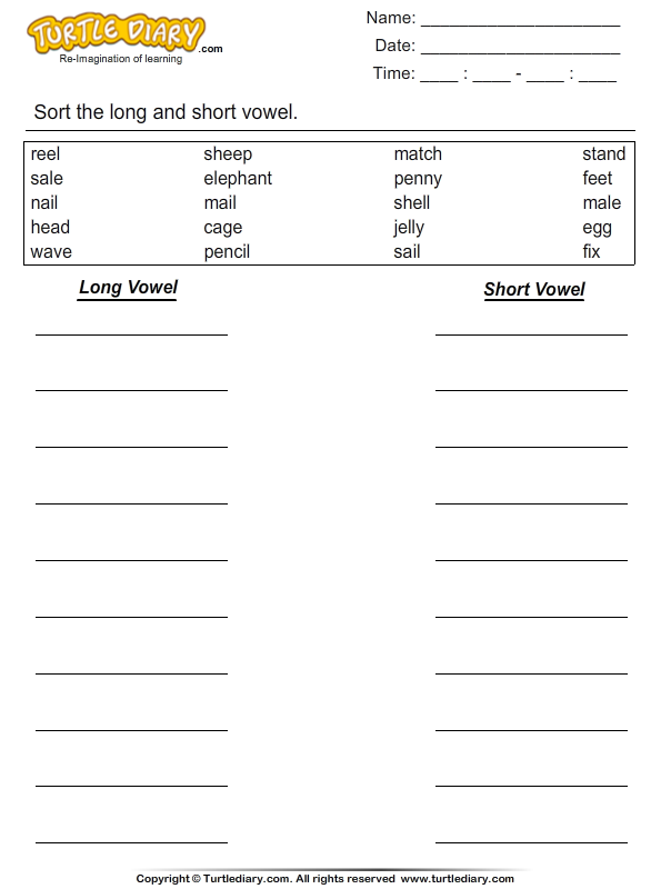 Long and Short Vowel Sound in Word List Worksheet - Turtle Diary