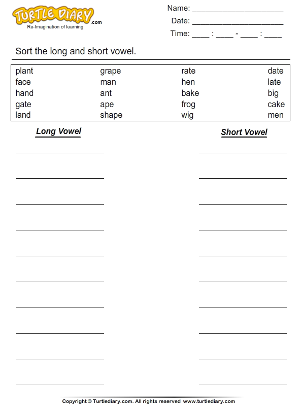 long and short vowel word sort turtle diary worksheet