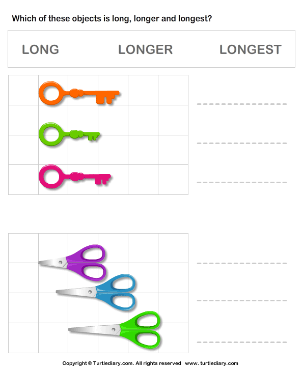 Long Longer Longest Key and Scissor Worksheet - Turtle Diary