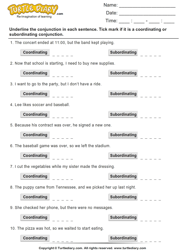 english class exercises grammar 9 Coordinating Conjunctions Worksheet Mark and Subordinating