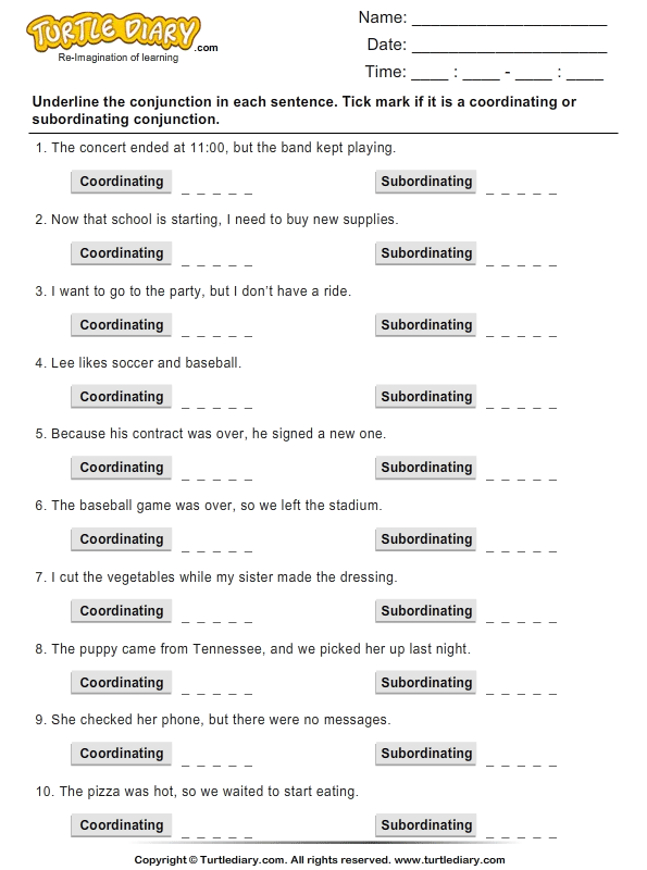 free spanish for 1 worksheets grade Conjunctions Subordinating and Worksheet Coordinating Mark