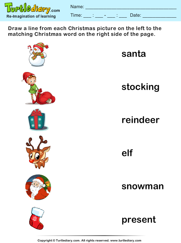 log free reading printable kindergarten Match Pictures Turtle and Christmas Worksheet   Words Diary