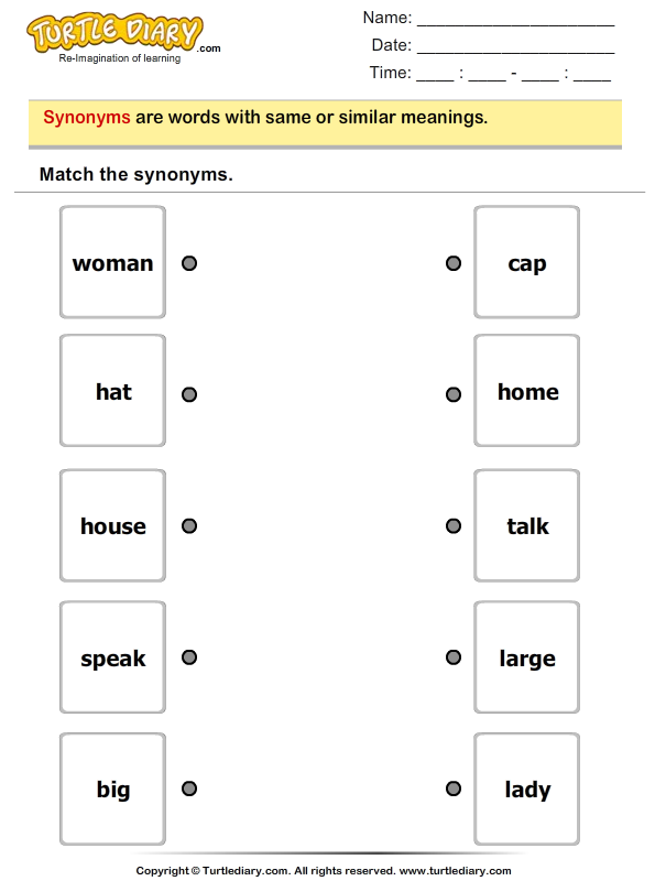 Match Synonym Words Woman and Lady Worksheet - Turtle Diary