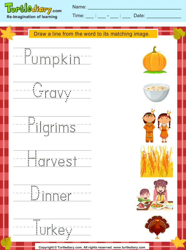 Match Thanksgiving Words with Pictures Worksheet - Turtle ...