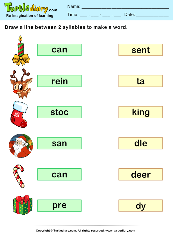 Match Two Syllables Christmas Words Worksheet - Turtle Diary