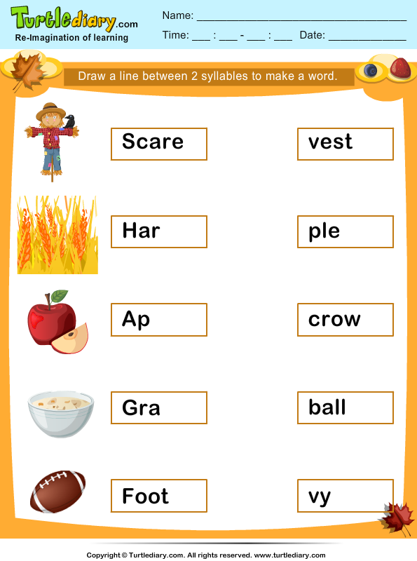 for a kindergarten worksheet Thanksgiving Words Match  Worksheet  Two Syllables Turtle