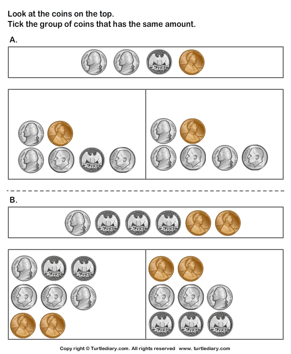 Matching Groups of Coins Worksheet - Turtle Diary