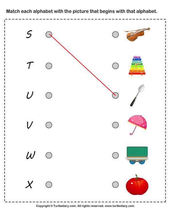 matching letters to pictures s to x turtle diary worksheet