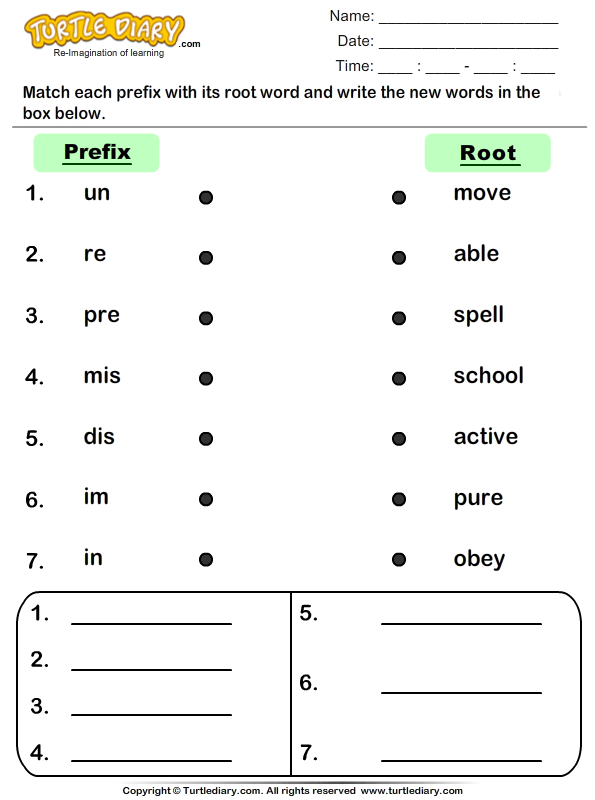 Matching Prefix and Root Words Worksheet - Turtle Diary