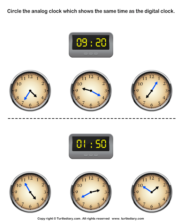 matching time with analog and digital clocks turtle diary worksheet