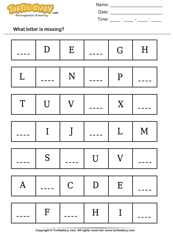 Missing Alphabets Worksheet - Turtle Diary