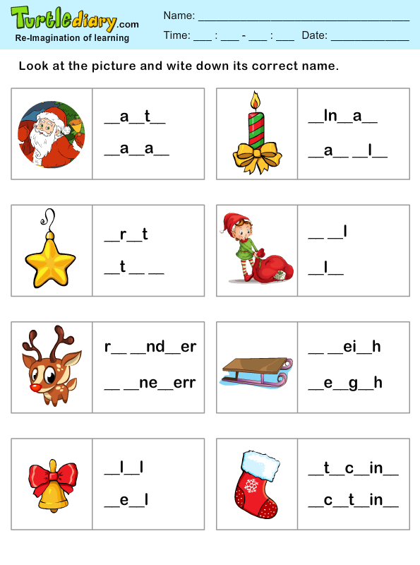 and first free worksheets math kindergarten for grade Spelling Sheet Christmas Missing Letters Worksheet