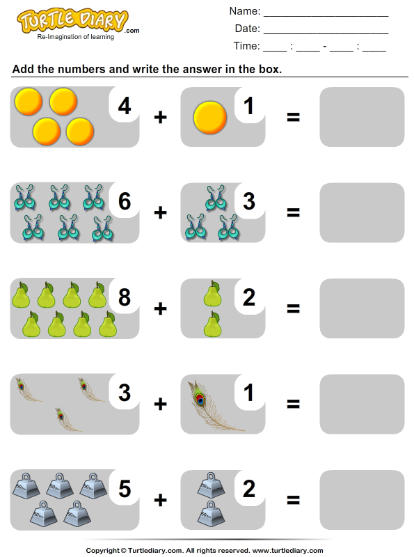 kindergarten addition worksheet for Sums  Diary Ten Turtle up Worksheet to Addition Object