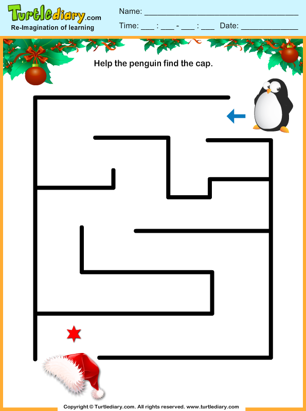 Penguin Cap Maze | Turtle Diary Worksheet