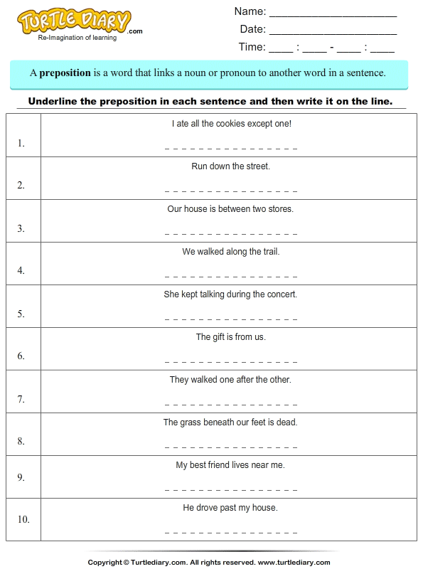 prepositions in sentences turtle diary worksheet