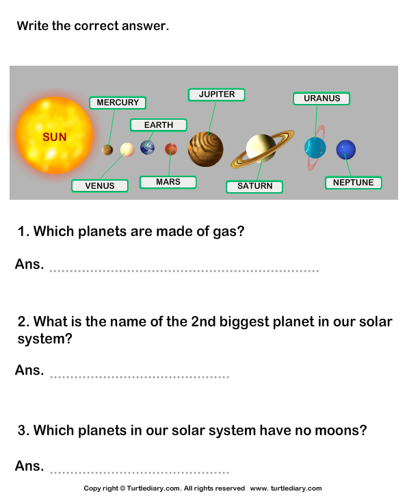 Questions on Solar System Worksheet - Turtle Diary