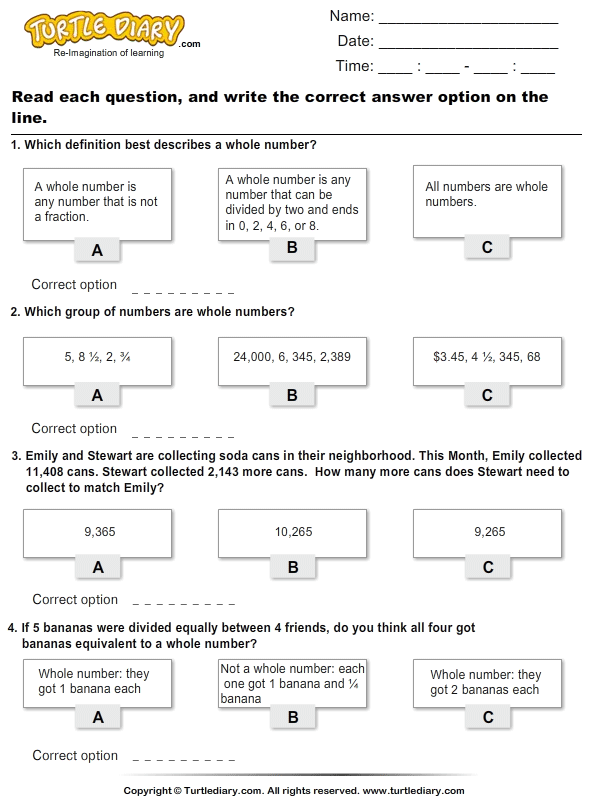 questions on whole number worksheet turtle diary