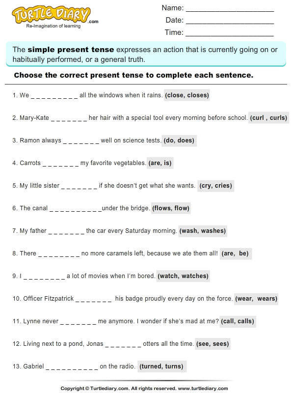 english grade exercise for 7th Verb and Sentences Present Choose Read Correct Tense