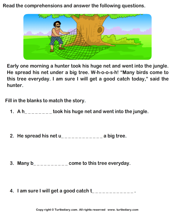 reading comprehension hunter turtle diary worksheet